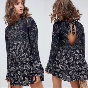 Free People Top Lady Luck Print Tunic Mutil Blue Green Mock Neck Tie Back S